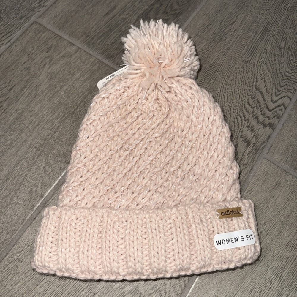 Adidas Twilight 4 Ballie Womens Pink & White Cuffed Pom Knit Beanie Hat New